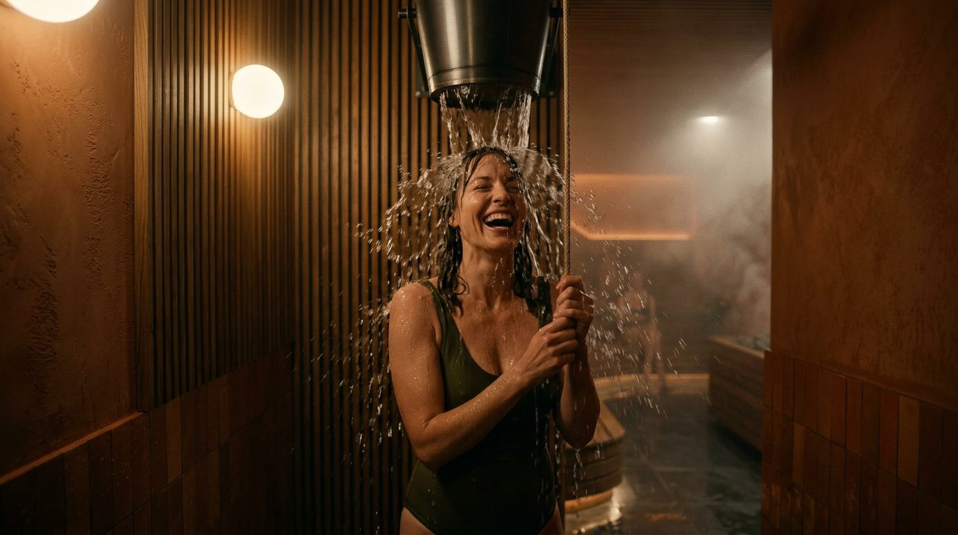 Guest laughing under a cold bucket shower