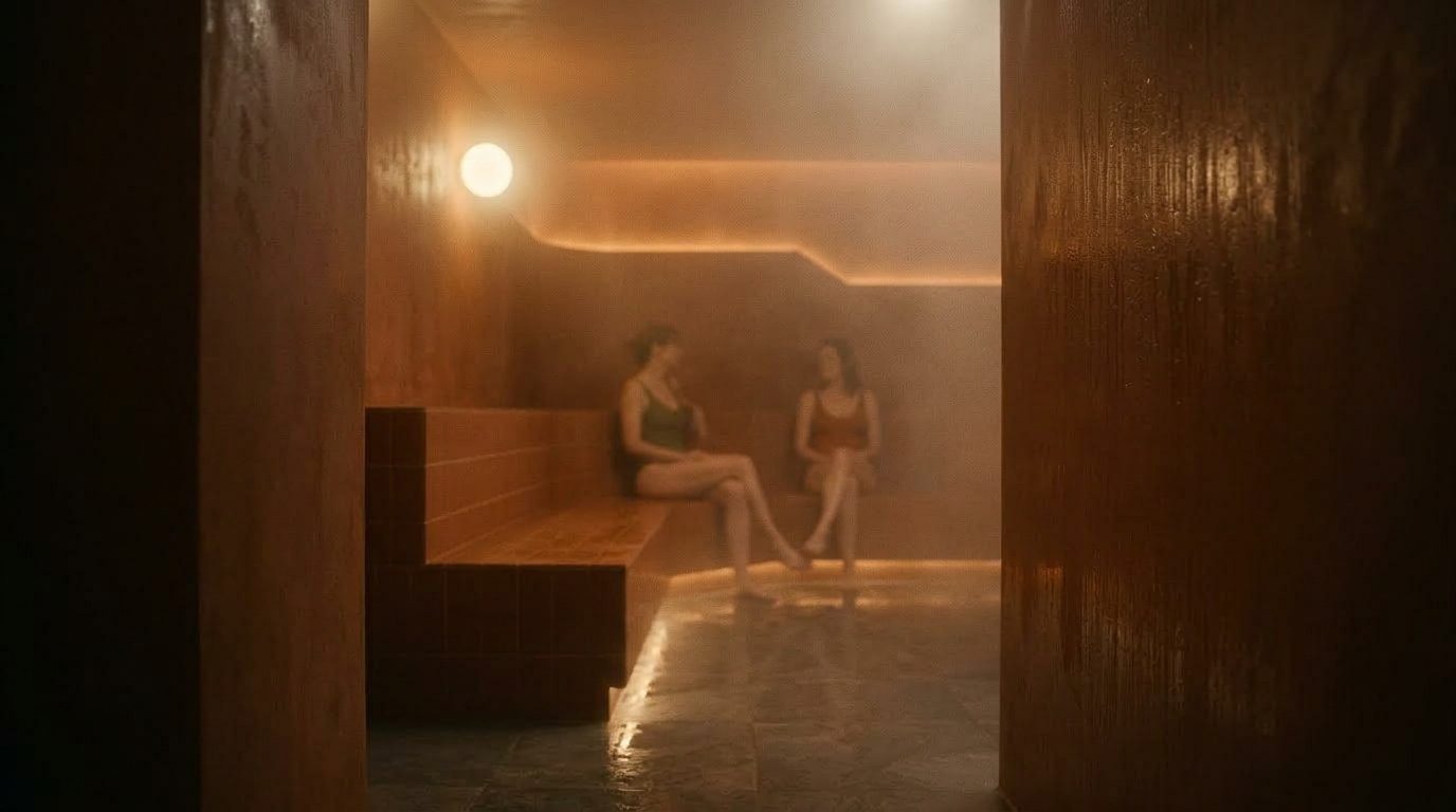Steam room glowing through eucalyptus fog